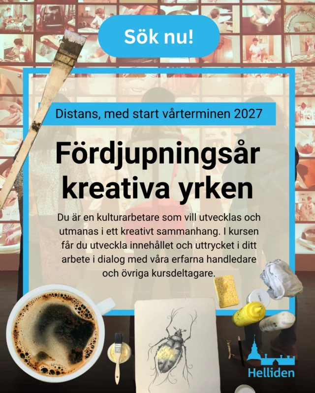 Du är en kulturarbetare som vill utvecklas och utmanas i ett kreativt sammanhang. I vår kurs får du utveckla innehållet och uttrycket i ditt arbete i dialog med erfarna handledare. Du får praktiska kunskaper inom företagande, marknadsföring, försäljningsteknik och hur du väljer att presentera dig själv. Vi visar dig hur du får resultat och når ut.

En överlevnadskurs för den kreativa människan där kulturarbetare samlas och lär sig mer om samtidens kultur- och konstscen.

Läs mer och ansök här: https://helliden.se/utbildningar/fordjupningsar-kreativa-yrken/